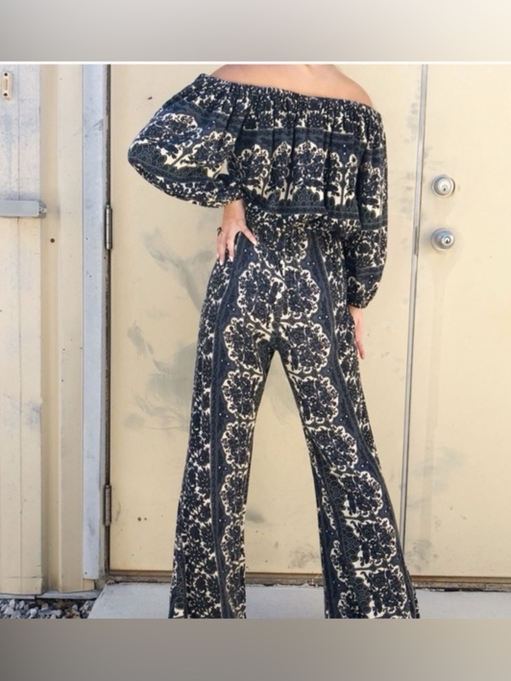 Novella Royale recycled fabric handmade in USA printed off shoulder jumpsuit S